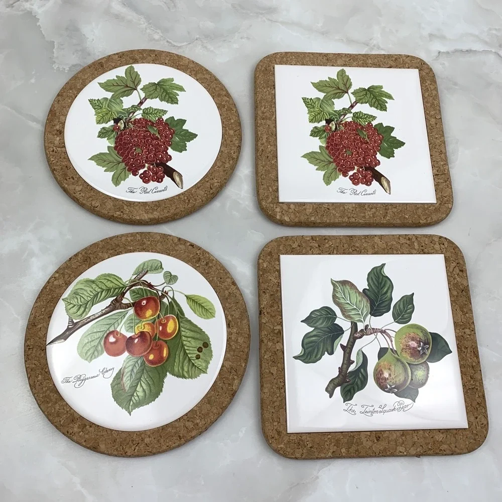 Vintage Botanical Ceramic Tile and Cork Coaster Set Fruit Illustrations 4pc